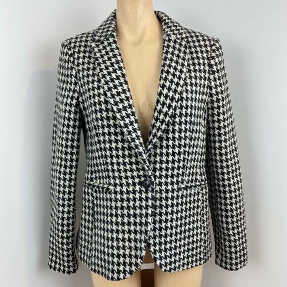 Vintage Houndstooth Black White Wool Blend Women’s Blazer Jacket Coat Shacket M - Picture 1 of 15